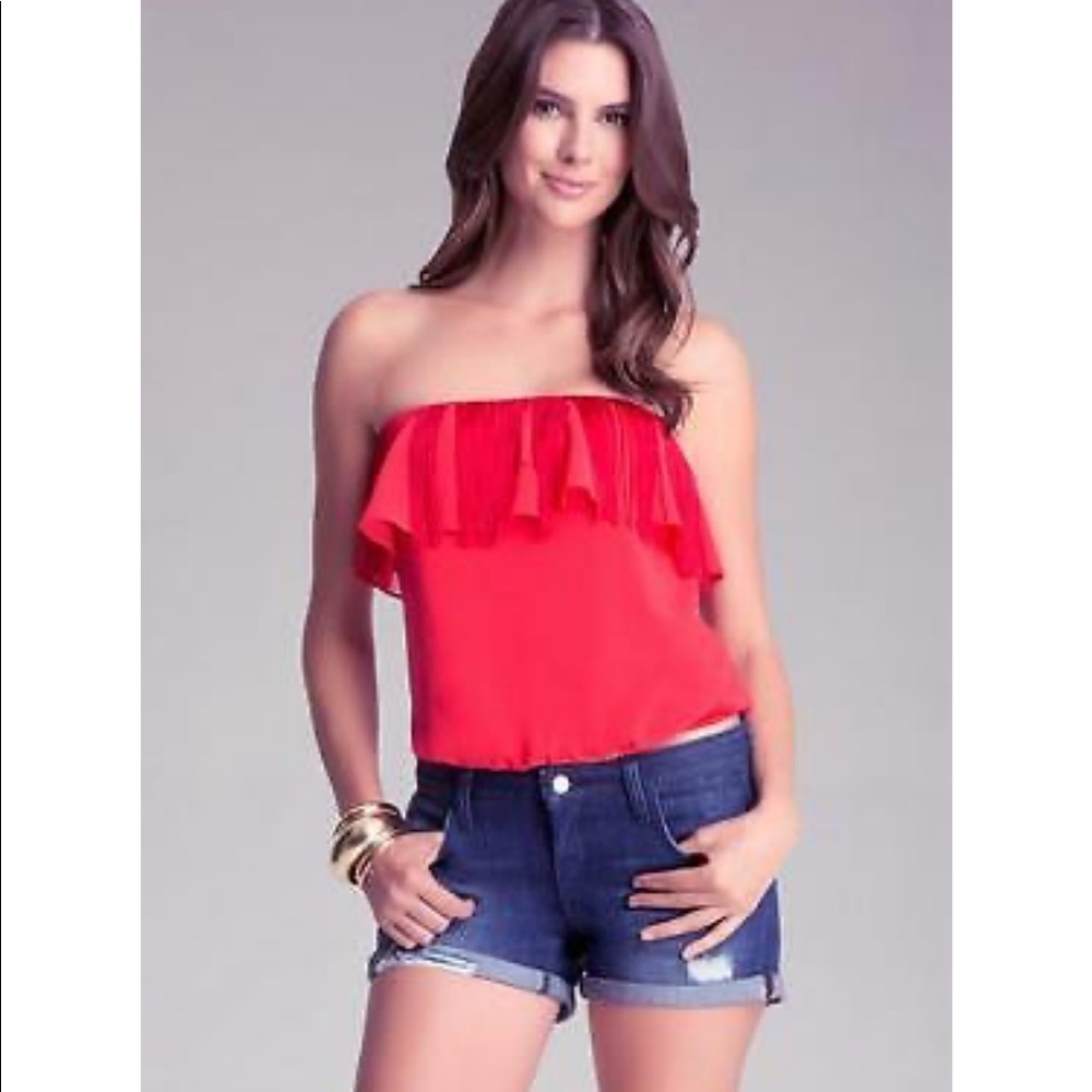 BEBE RED FRINGE STRAPLESS TUBE TOP SHIRT